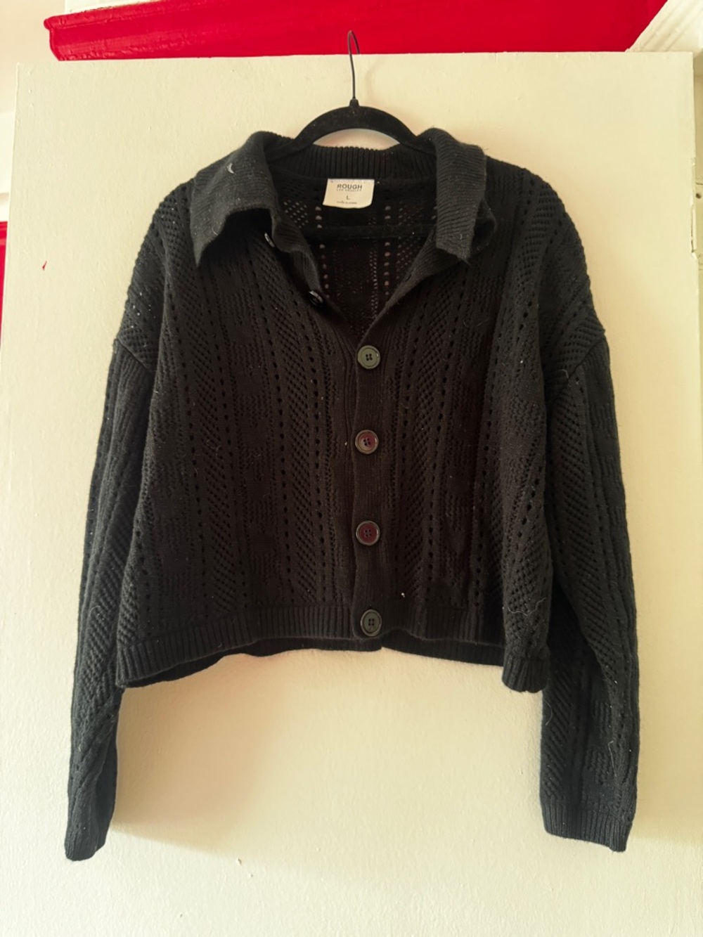 Black Open-Knit Collared Button-Front Cardigan